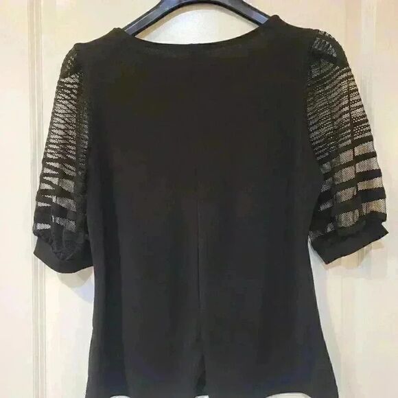 NY Collection Women's Black Poly/Spandex Knit Lace Half Length Sleeve Top EUC - Picture 11 of 12